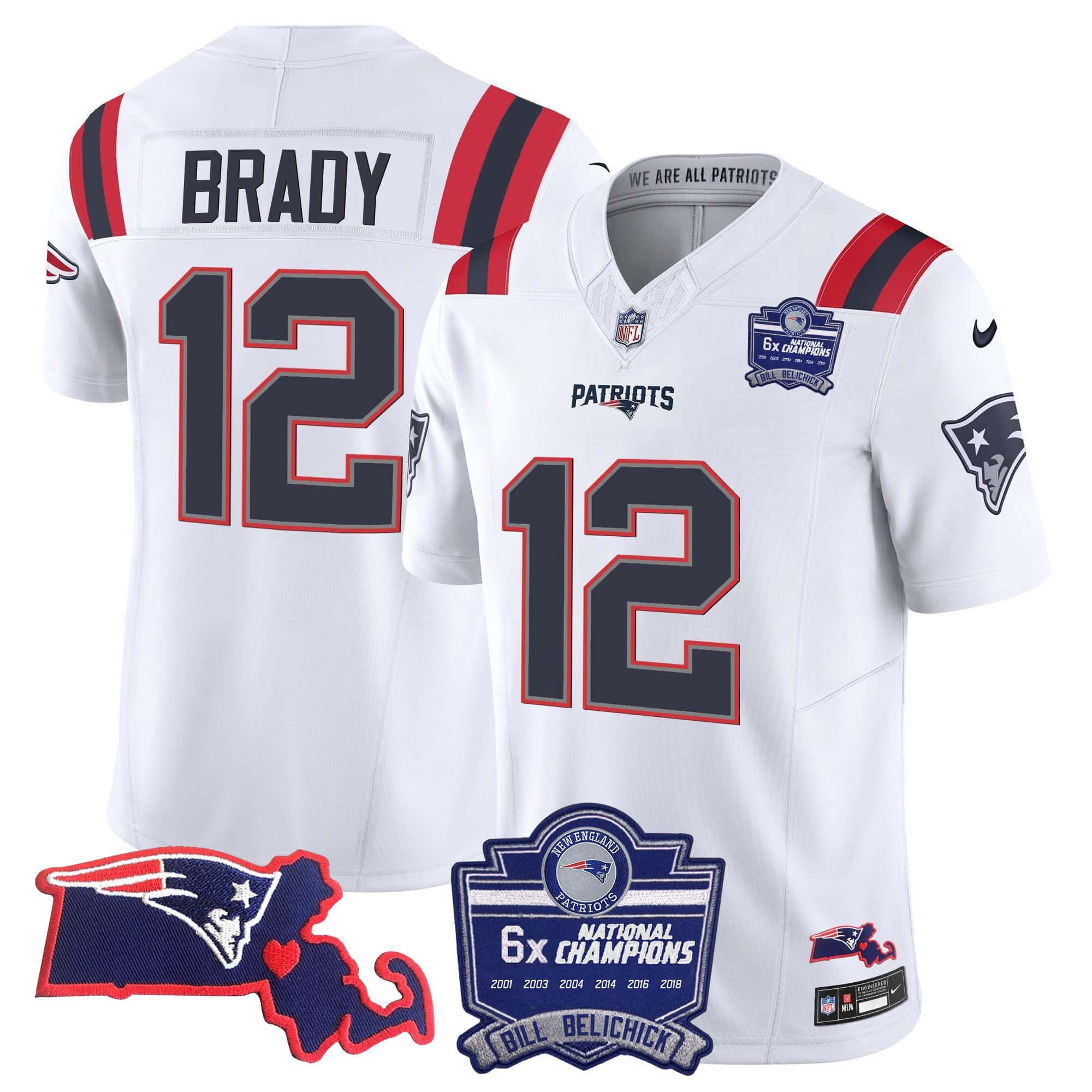 Men New England Patriots #12 Brady White 2024 Nike 6x Champions Patch Vapor Limited NFL Jersey